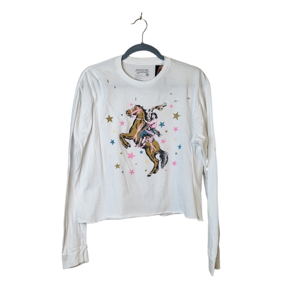 NWT American Highway Cowgirl Graphic Distressed Cropped Long Sleeve Cotton Tee - Picture 1 of 7